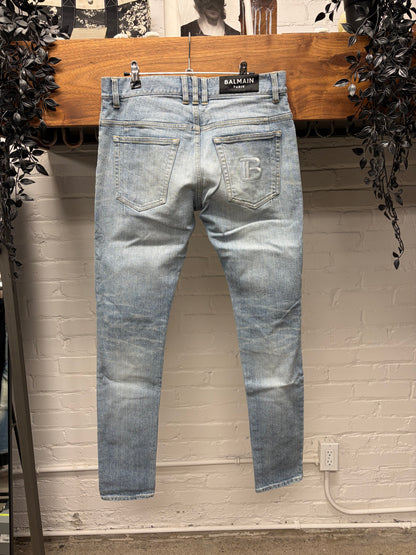 Balmain Distressed Knee Blue Skinny Jeans