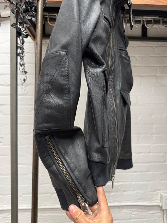 Vintage 90s Maison Martin Margiela ‘Rabbit Fur’ Blank Tag Black Leather Racing Jacket