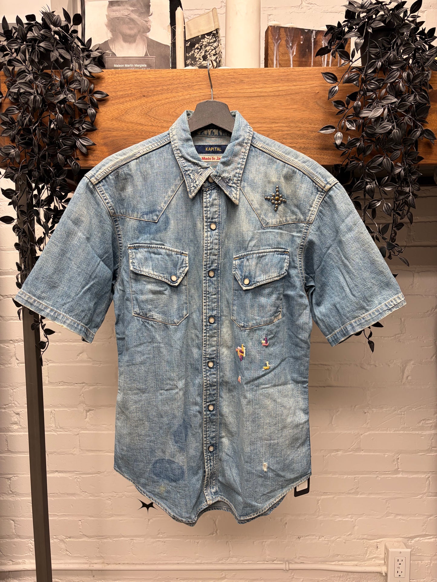 Kapital ‘Sashiko’ Repaired/Studded Blue Denim Button Snap Shirt