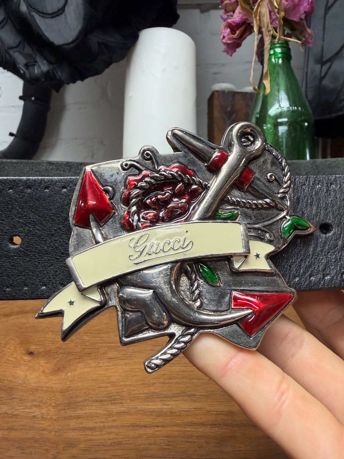 2000s Gucci ‘Anchor’ American Traditional Silver Buckle Leather Belt