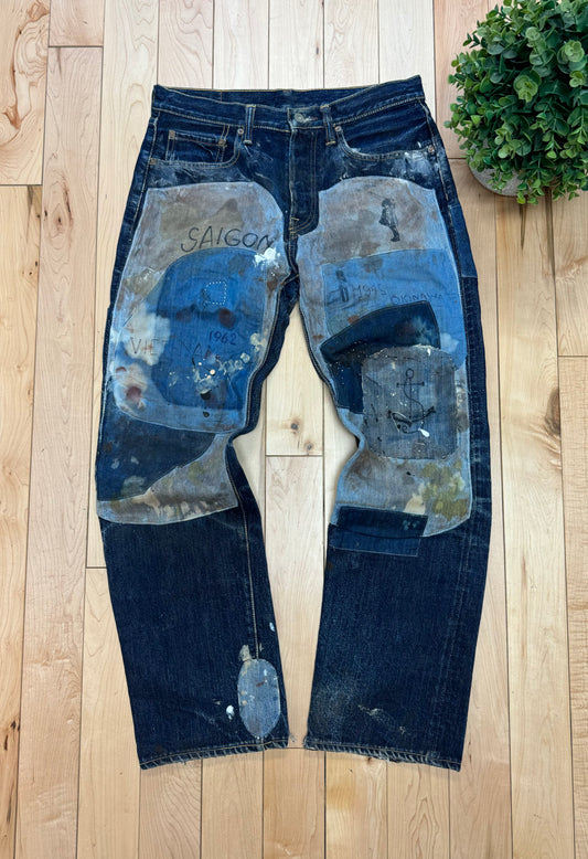 1/1 pair of Kapital ‘Okinawa’ Patchwork Blue Wide Cut Denim