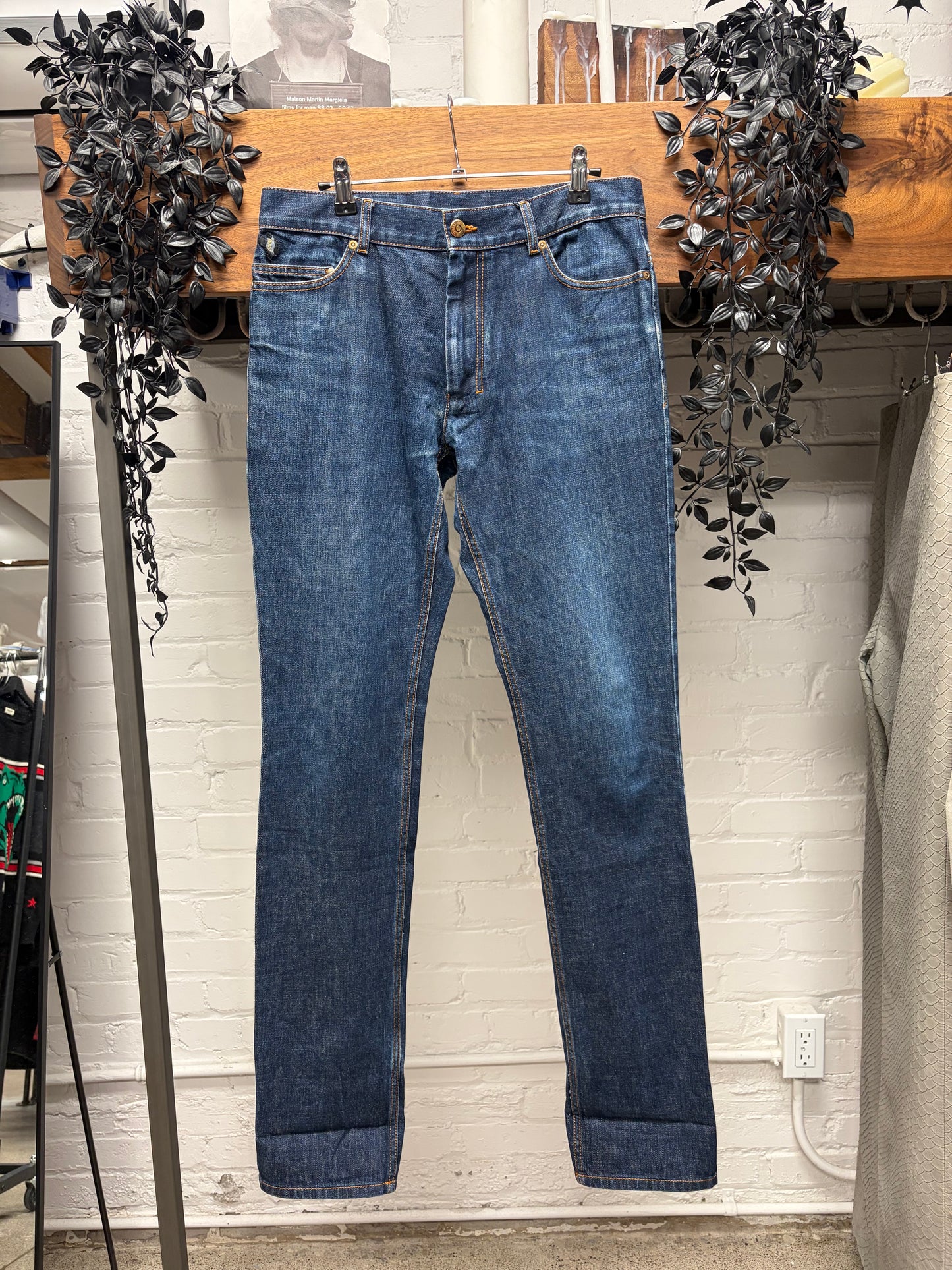 2000s Yves Saint Laurent Rive Gauche ‘Leopard Print’ Raw Washed Blue Denim