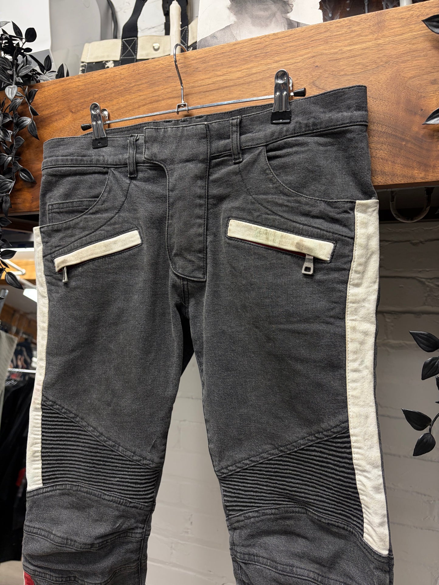 Balmain Dirty Black Biker Knee Skinny Jeans