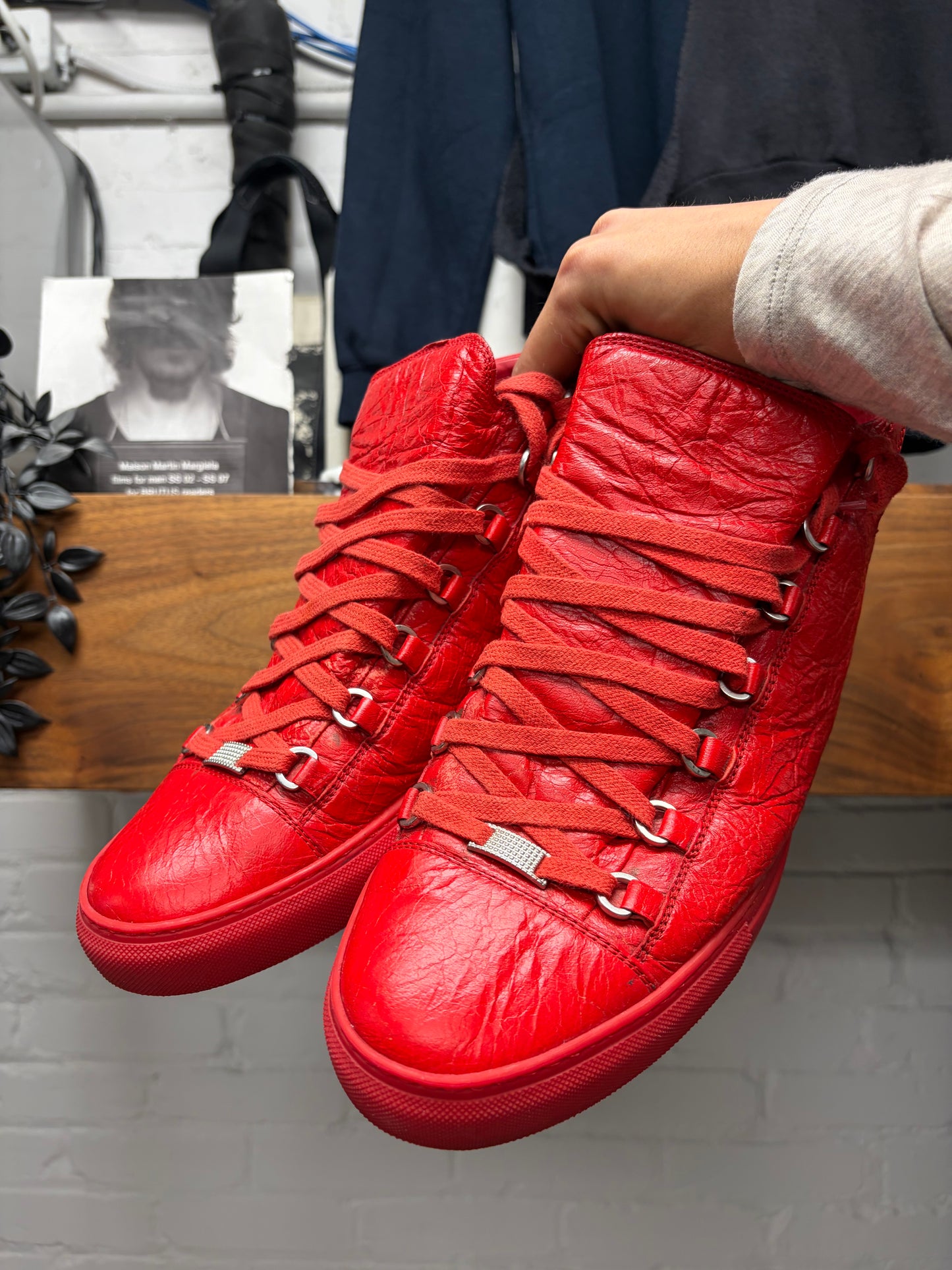 Balenciaga Red ‘Arena’ Calfskin Leather High Top Sneakers
