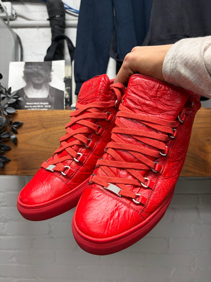 Balenciaga Red ‘Arena’ Calfskin Leather High Top Sneakers