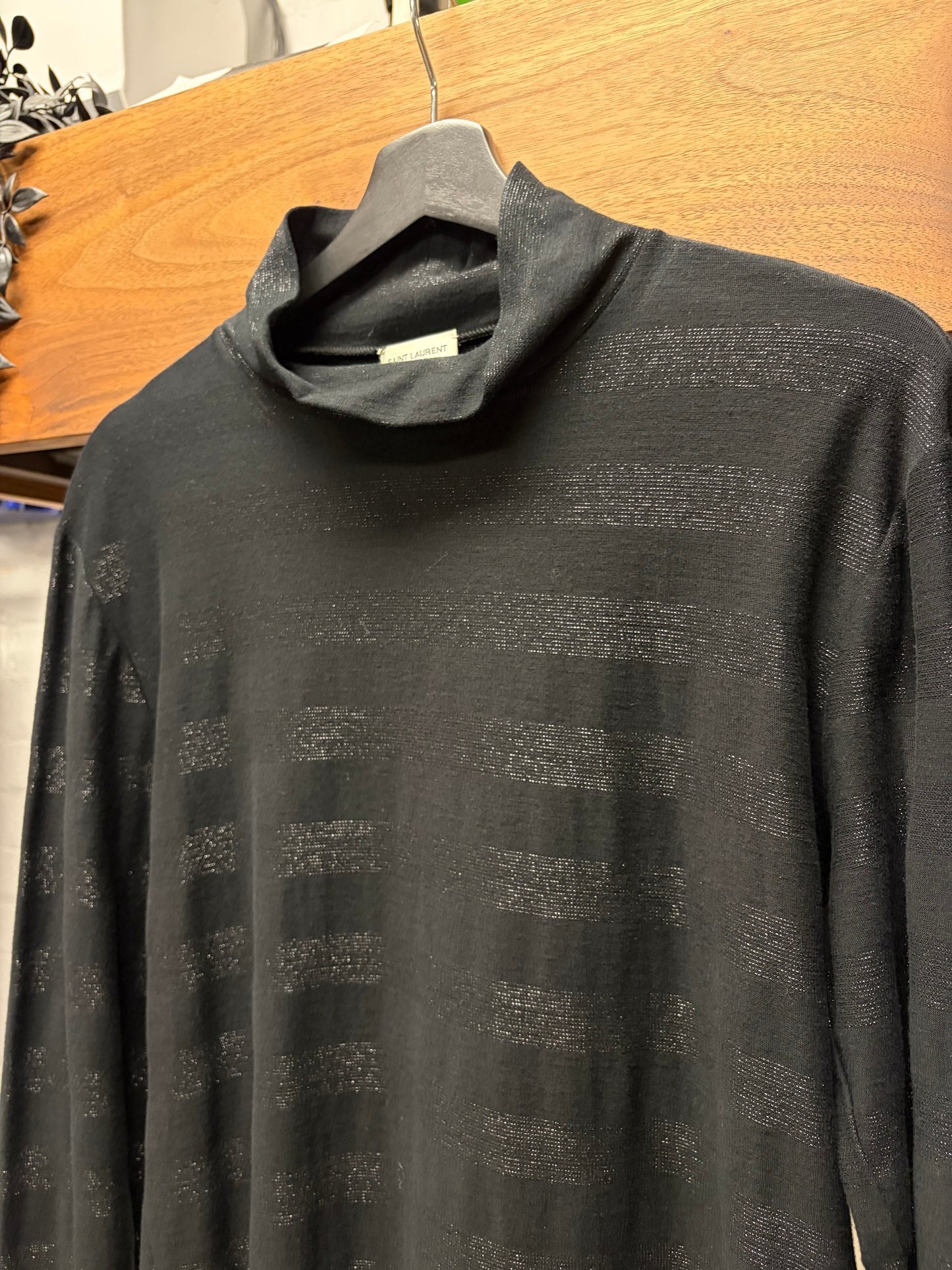 2019 Saint Laurent Silver/Black Glitter Striped Mock Neck Long Sleeve Shirt