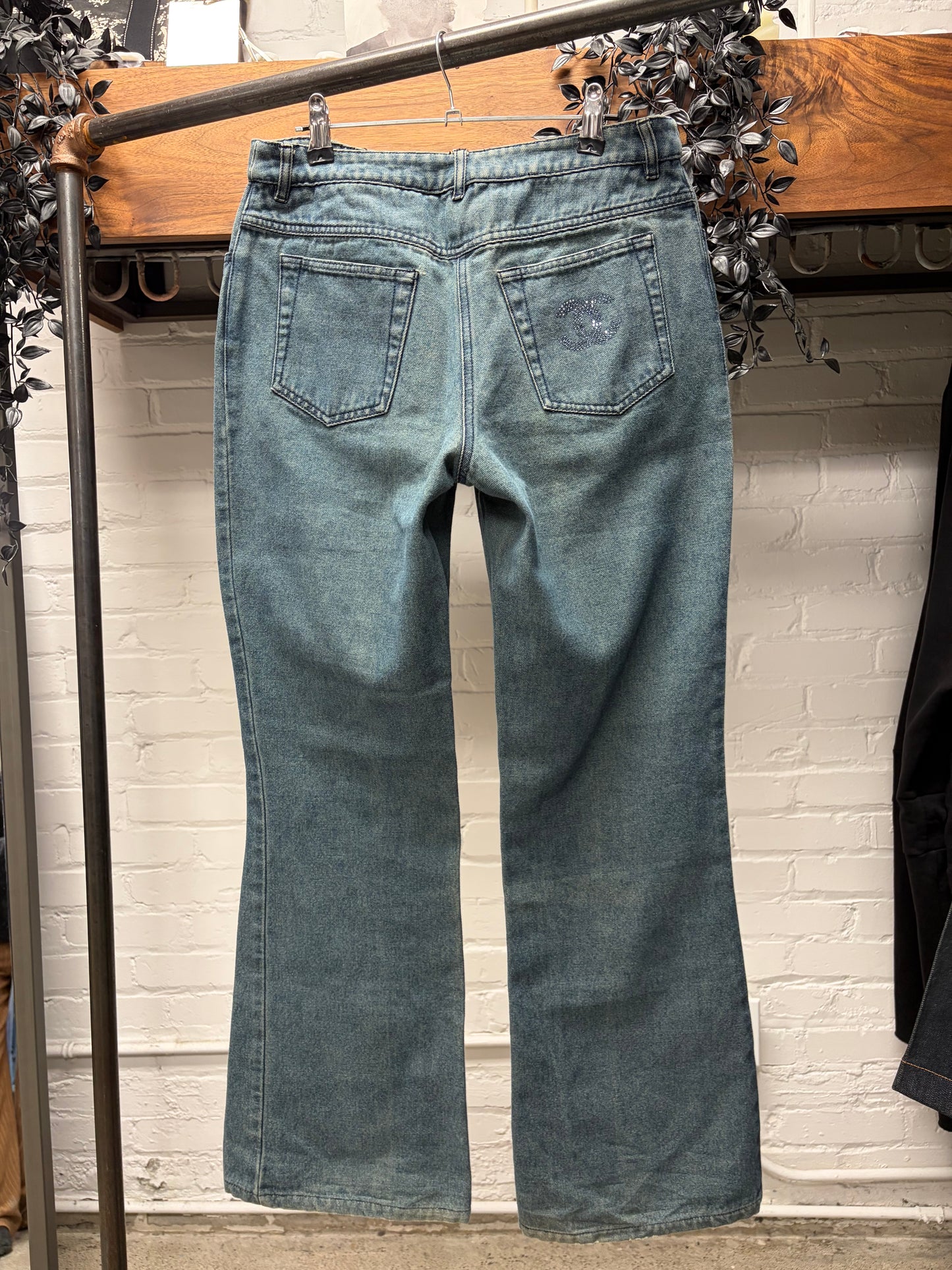 SS2001 Chanel Rhinestone Logo Flared Leg Denim