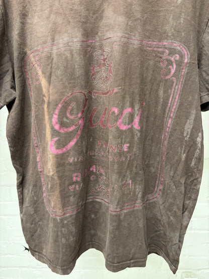 2000s Gucci ‘Faded Signage’ Brown/Pink Graphic T-Shirt