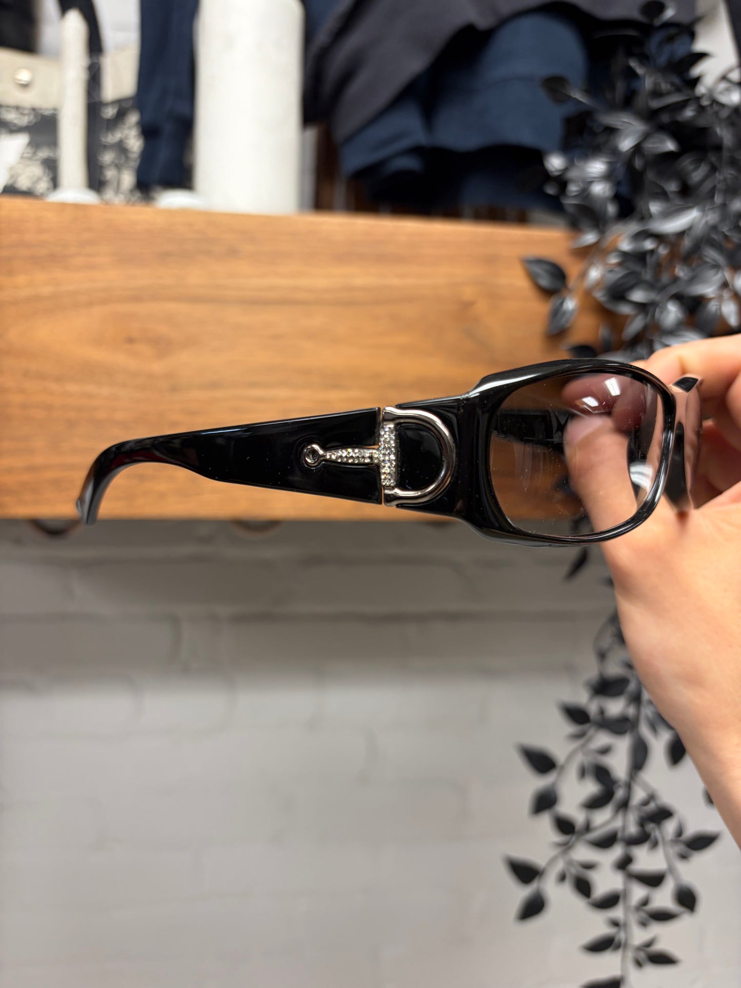 2000s Gucci Rhinestone Horsebit Logo Oval Shape Black Sunglasses