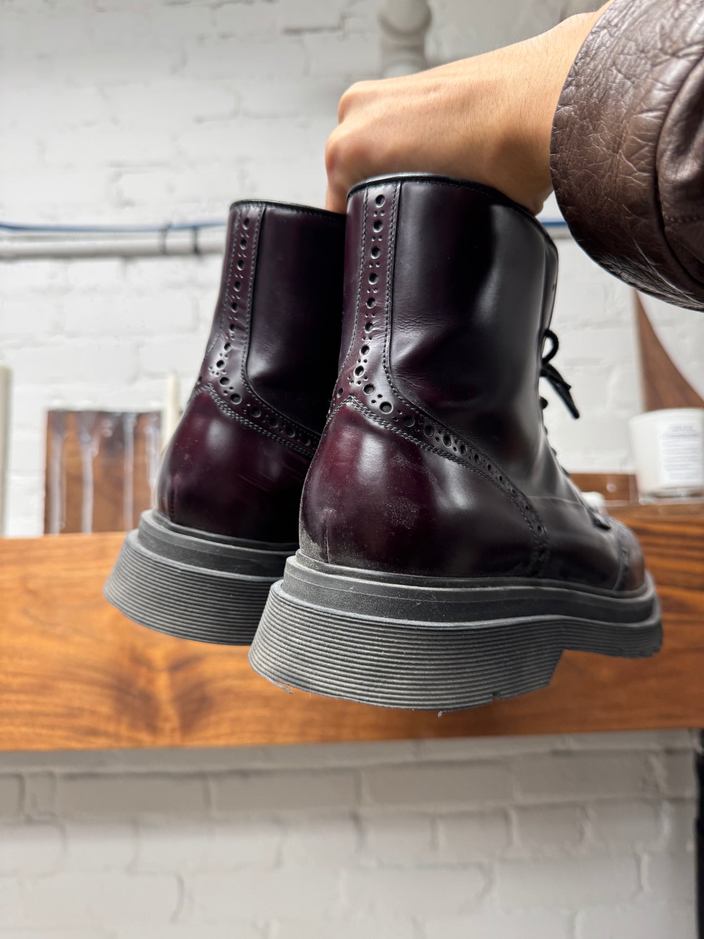 Prada ‘Spazzolato’ Brogue Dark Purple Leather Ankle Boots
