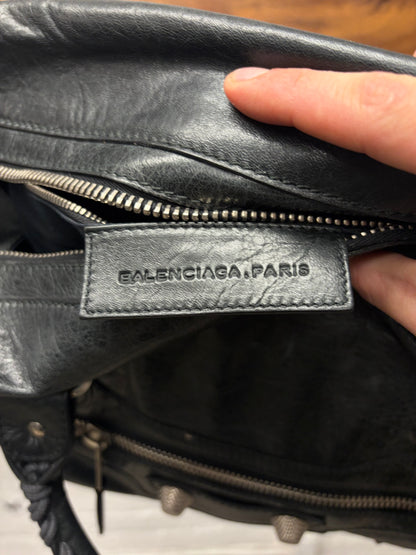 Balenciaga ‘Giant 21’ Tumbled Black Leather ‘City Bag’ with Silver Hardware