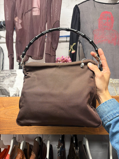 Gucci Brown Nylon Bamboo Handle Wood Mini Bag