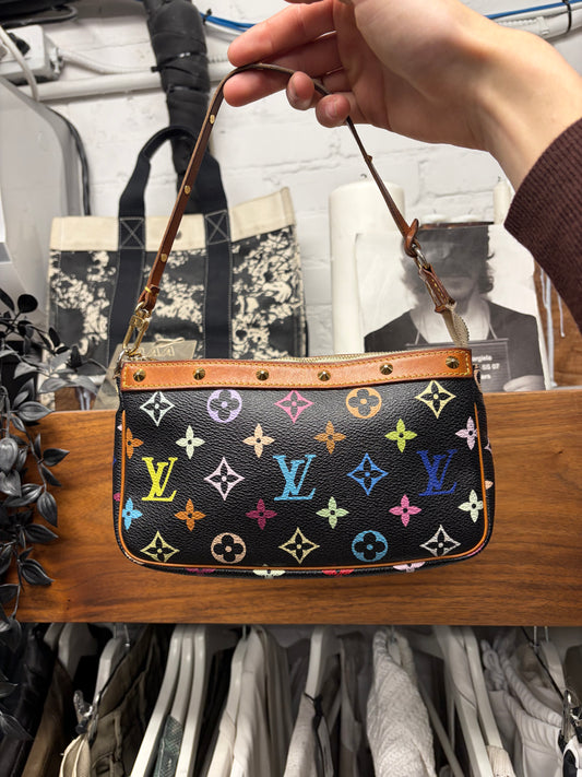SS2003 Louis Vuitton x Takashi Murakami ‘Pochette’ Black Rainbow Monogram Leather Mini Shoulder Bag