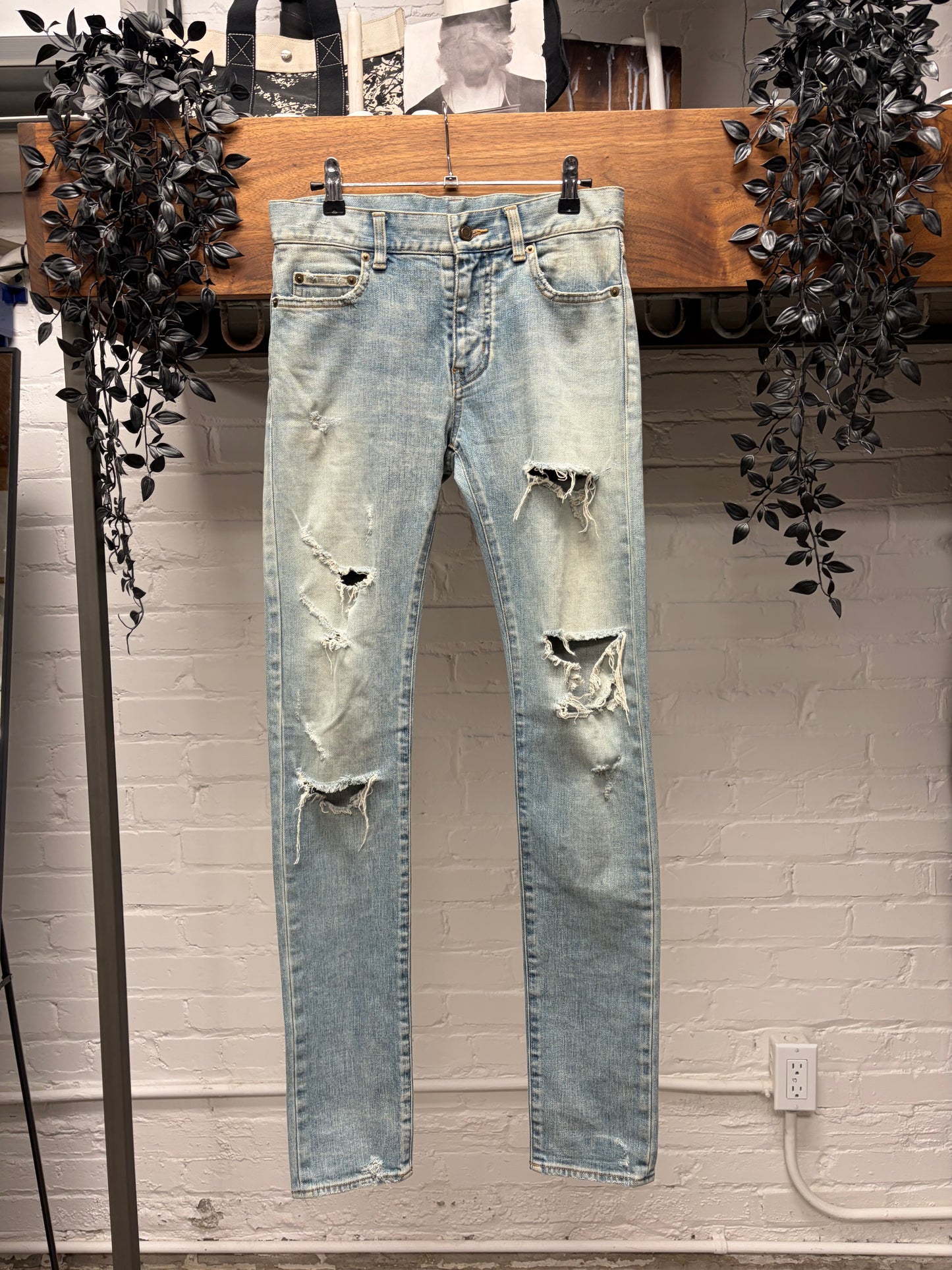 2016 Saint Laurent by Hedi Slimane ‘Black Chain’ Light Wash Distressed ‘D02’ Skinny Jeans