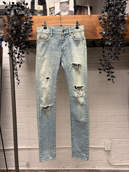 2016 Saint Laurent by Hedi Slimane ‘Black Chain’ Light Wash Distressed ‘D02’ Skinny Jeans
