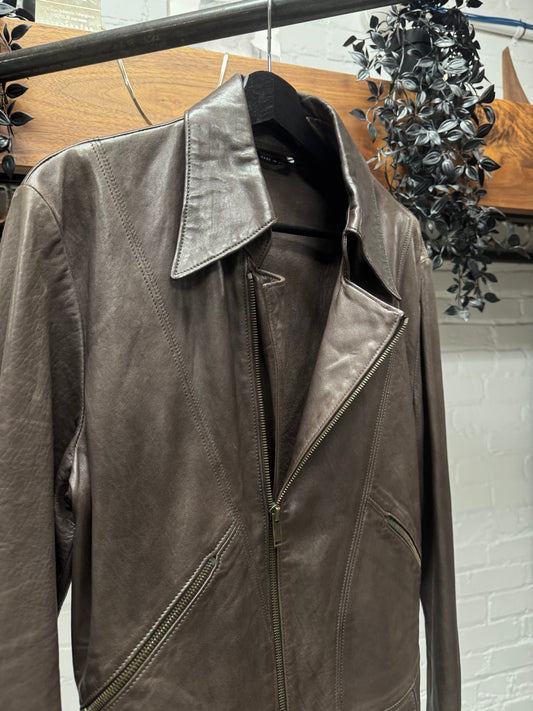 Gucci Lambskin Leather Brown ‘Pointe Collar’ Biker Jacket