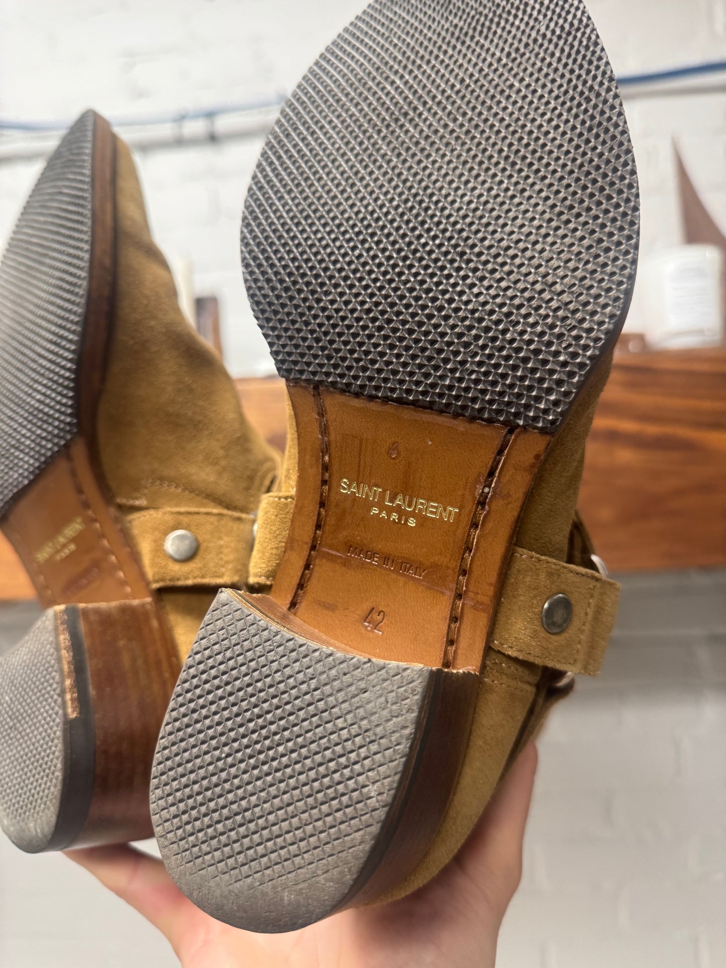 Saint Laurent ‘Wyatt’ Brown Suede Harness Boots