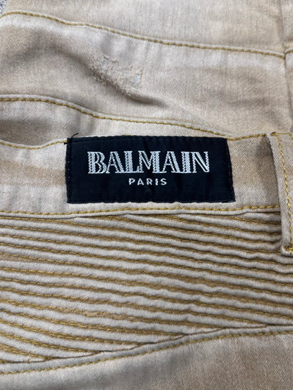 Balmain Tan Brown ‘Biker Knee’ Slim Cut Denim