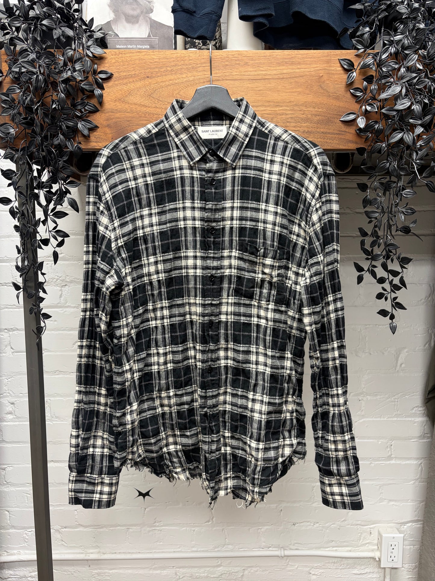 2016 Saint Laurent by Hedi Slimane Distressed Raw Hem Pearl Button Snap Flannel