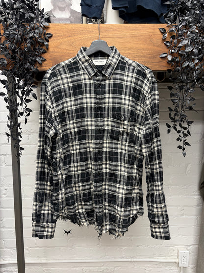 2016 Saint Laurent by Hedi Slimane Distressed Raw Hem Pearl Button Snap Flannel
