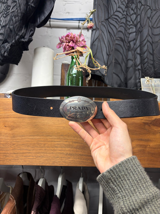 Prada Black ‘Saffiano’ Black Leather Belt with Silver Engraved Oval Buckle