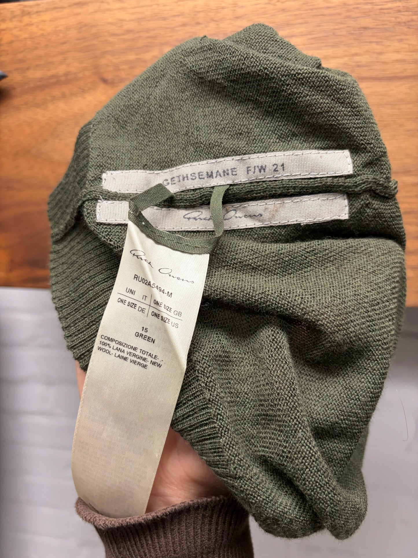 AW2021 Rick Owens ‘Gethsemane’ Green Virgin Wool Ribbed Beanie