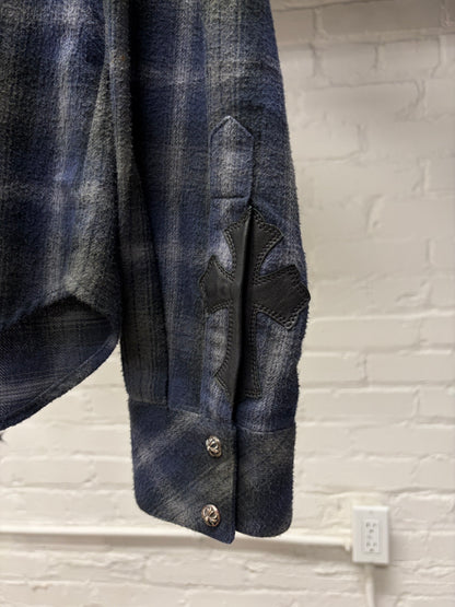 Chrome Hearts Leather Cross Patch ‘Fleur Back’ Western Plaid Flannel Shirt