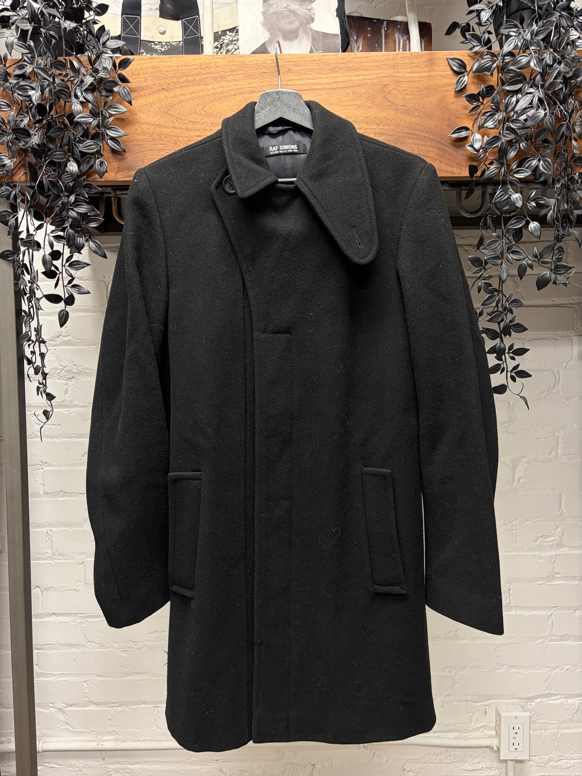AW2008 Raf Simons Black Asymmetric Collar Wool Full Length Coat