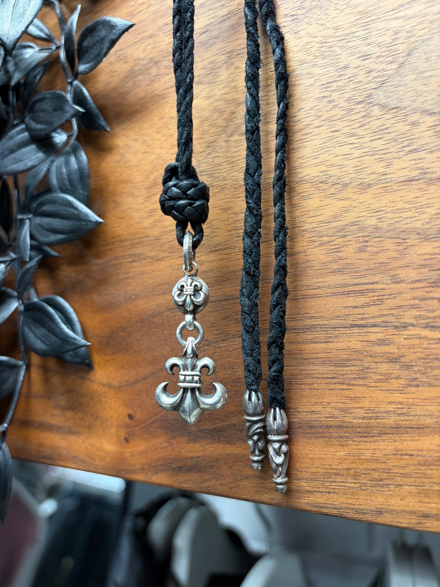 Chrome Hearts ‘Fleur De Lis’ Double Bail Pendant + Braided Leather Rope Necklace