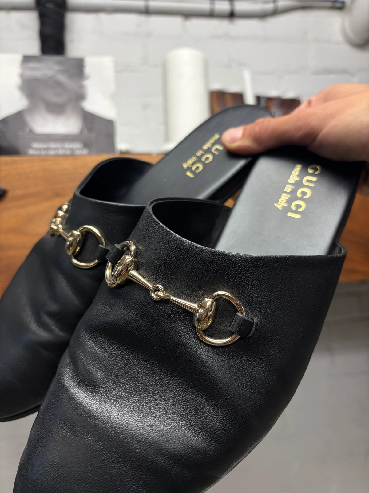 Gucci ‘Lucy’ Black Nappa Leather Horsebit Mules