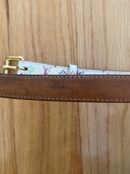 Louis Vuitton x Takashi Murakami rainbow white monogram gold belt.