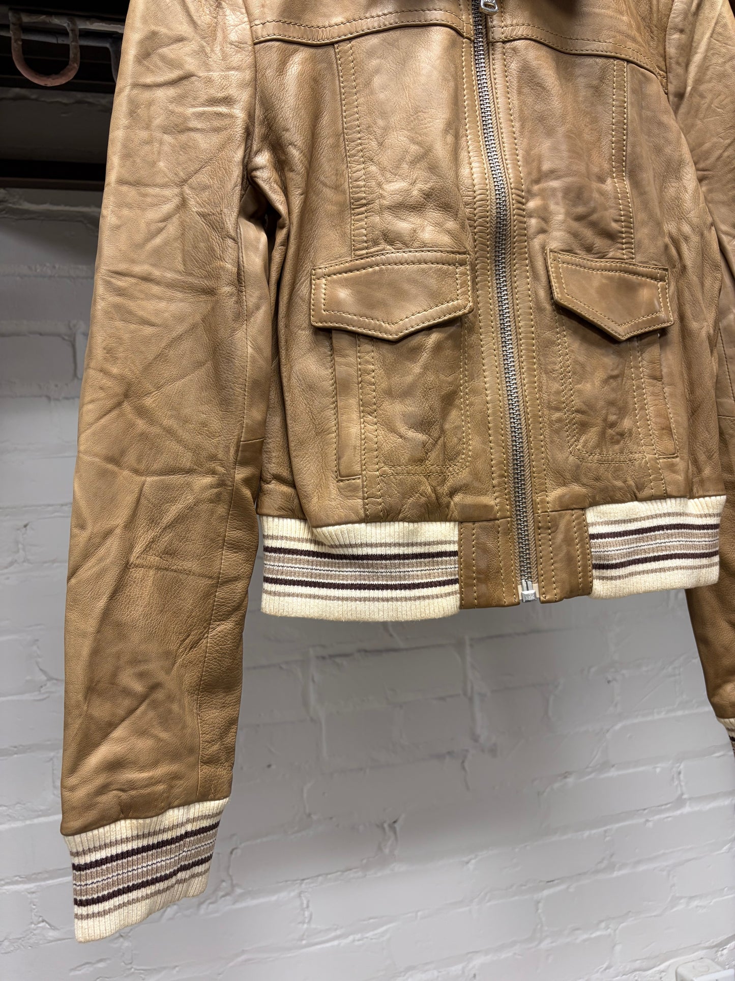 Dolce and Gabbana Cropped Brown Lambskin Leather Jacket with Silk Pinstripe Liner