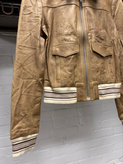 Dolce and Gabbana Cropped Brown Lambskin Leather Jacket with Silk Pinstripe Liner
