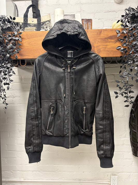 2000s Vintage Dolce & Gabbana Black Lambskin Leather Zip-Up Hoodie