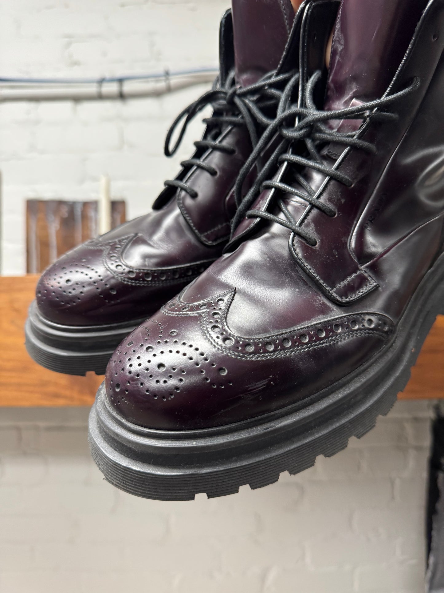 Prada ‘Spazzolato’ Brogue Dark Purple Leather Ankle Boots
