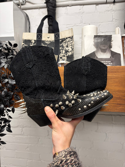 SS2014 Junya Watanabe Spiked Black Suede/Python Cowboy Boots