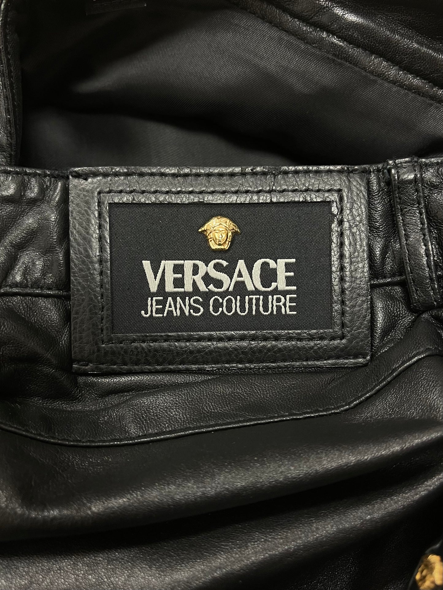 Vintage Versace Calfskin Leather Medusa Logo Flared Leather Pants