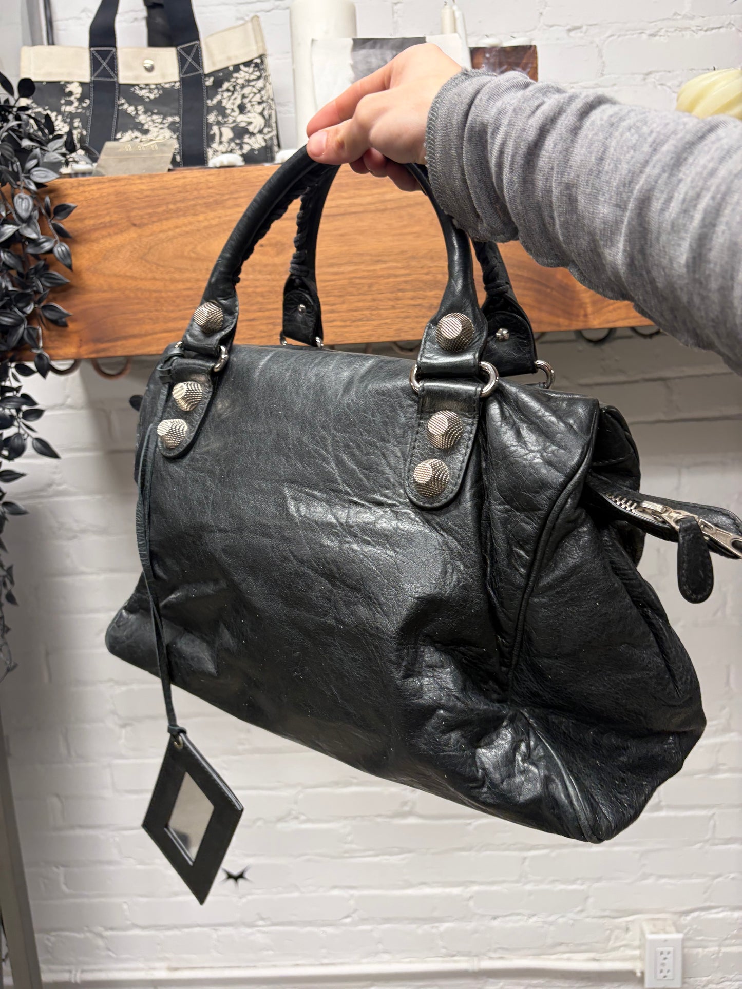 Balenciaga ‘Giant 21’ Tumbled Black Leather ‘City Bag’ with Silver Hardware