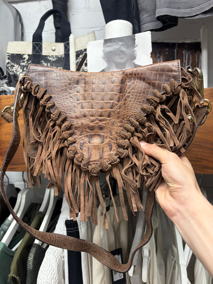 2000s Roberto Cavalli Crocodile Embossed Leather Fringe Side-Bag