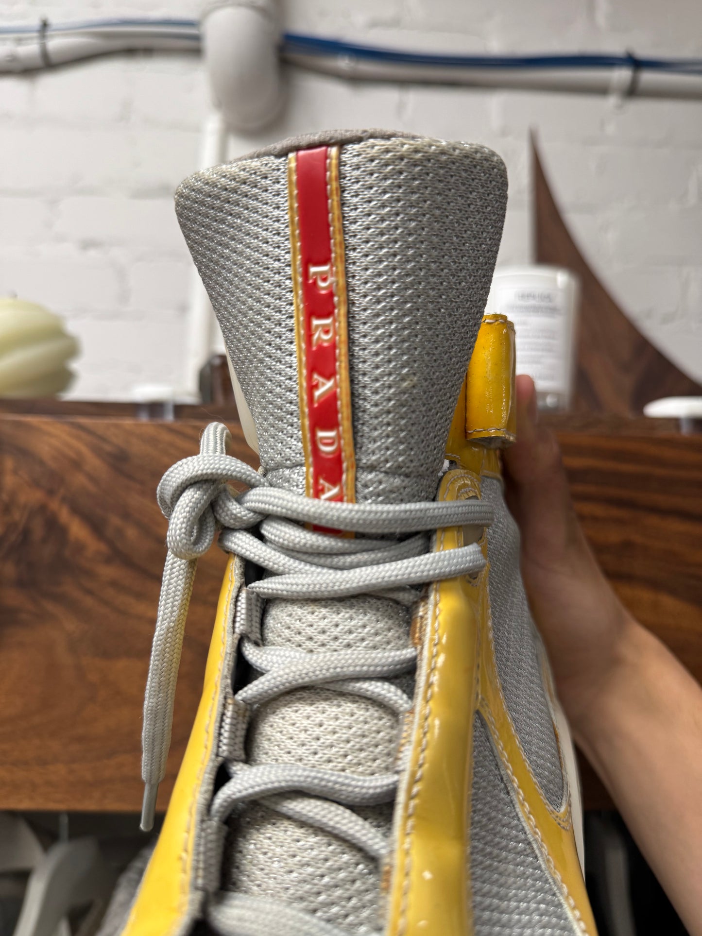 2000s Prada ‘Americas Cup’ Bike Yellow/Grey Patent Leather High Top Sneakers