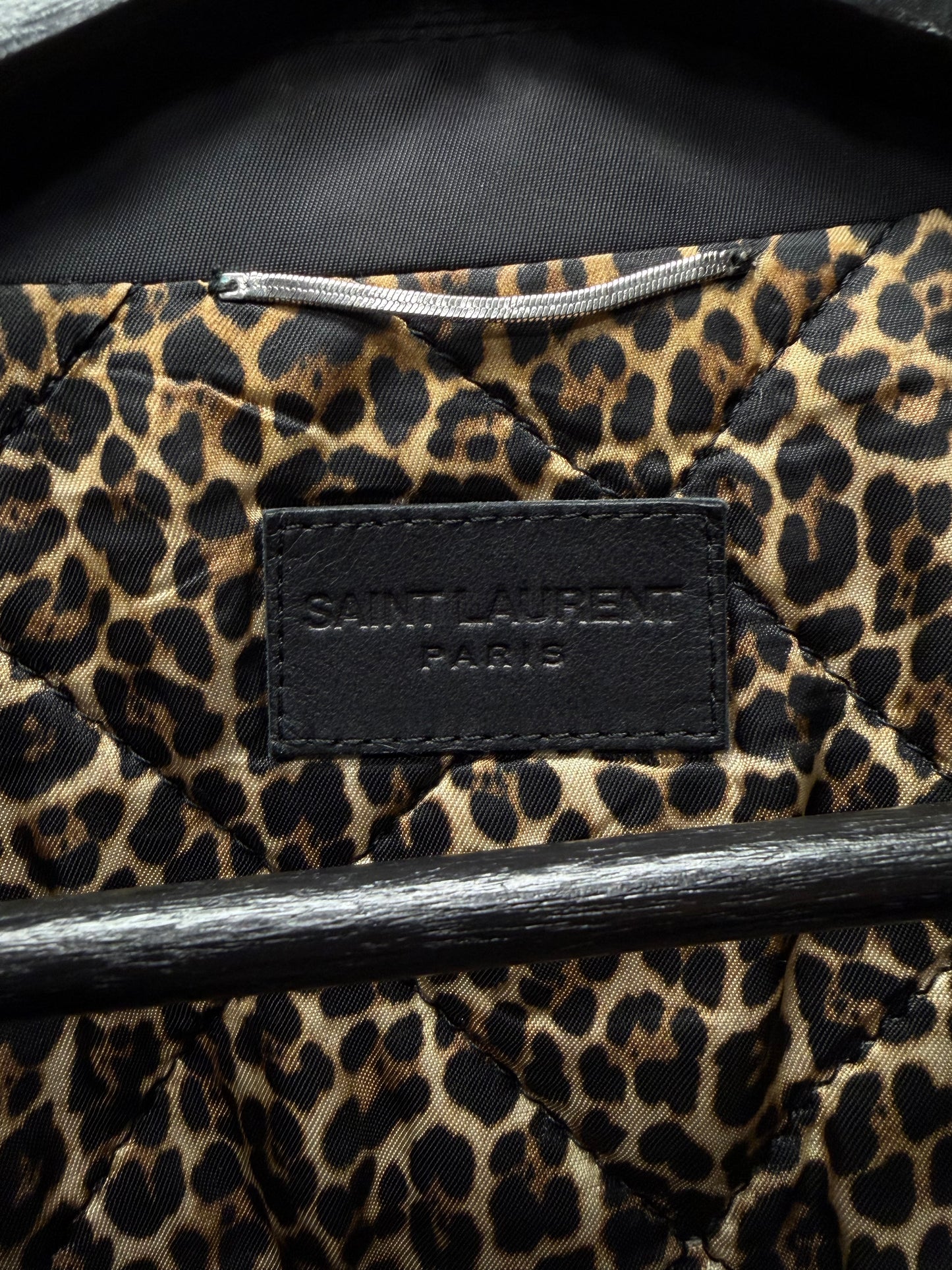 2021 Saint Laurent ‘Babycat’ Leopard Print Lined Black Trucker Jacket