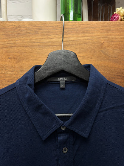 Gucci Navy Blue Polo with ‘Rolled Hem’ Color-Blocked Sleeve Polo