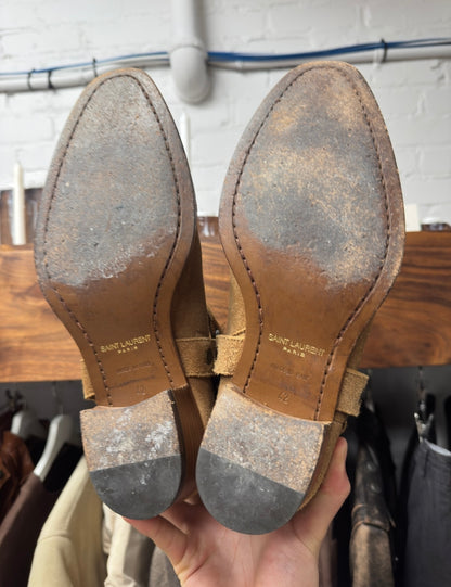 Saint Laurent ‘Wyatt’ Brown Suede Harness Boots