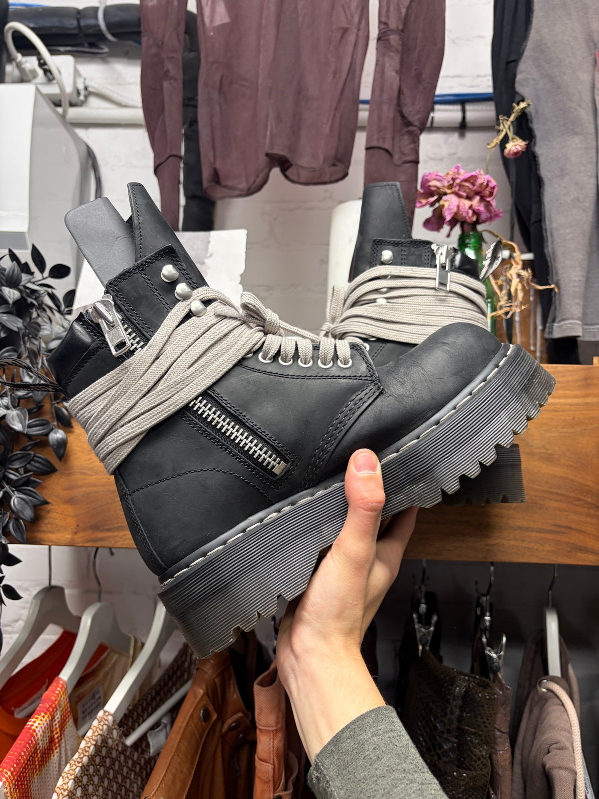 Rick Owens × Doc Martens '1460' Quad Sole Black Leather Combat Boots