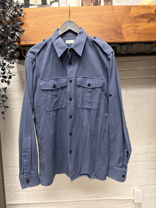 Dries Van Noten Uniform Blue Military Epaulette Button Up Shirt