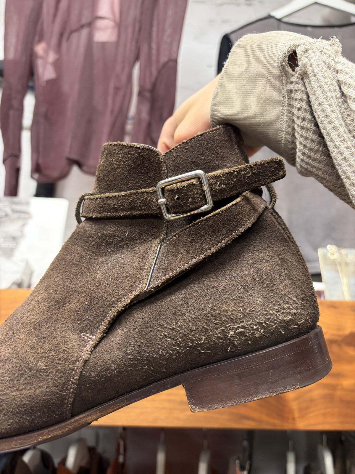 Prada Dark Brown Suede ‘Jodhpur’ Buckle Strap Ankle Cut Chelsea Boots