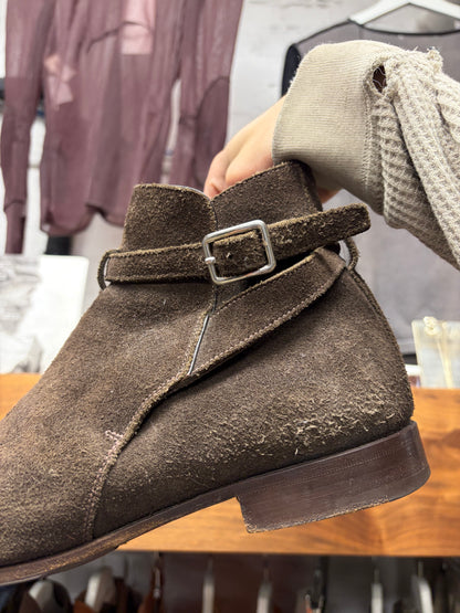 Prada Dark Brown Suede ‘Jodhpur’ Buckle Strap Ankle Cut Chelsea Boots