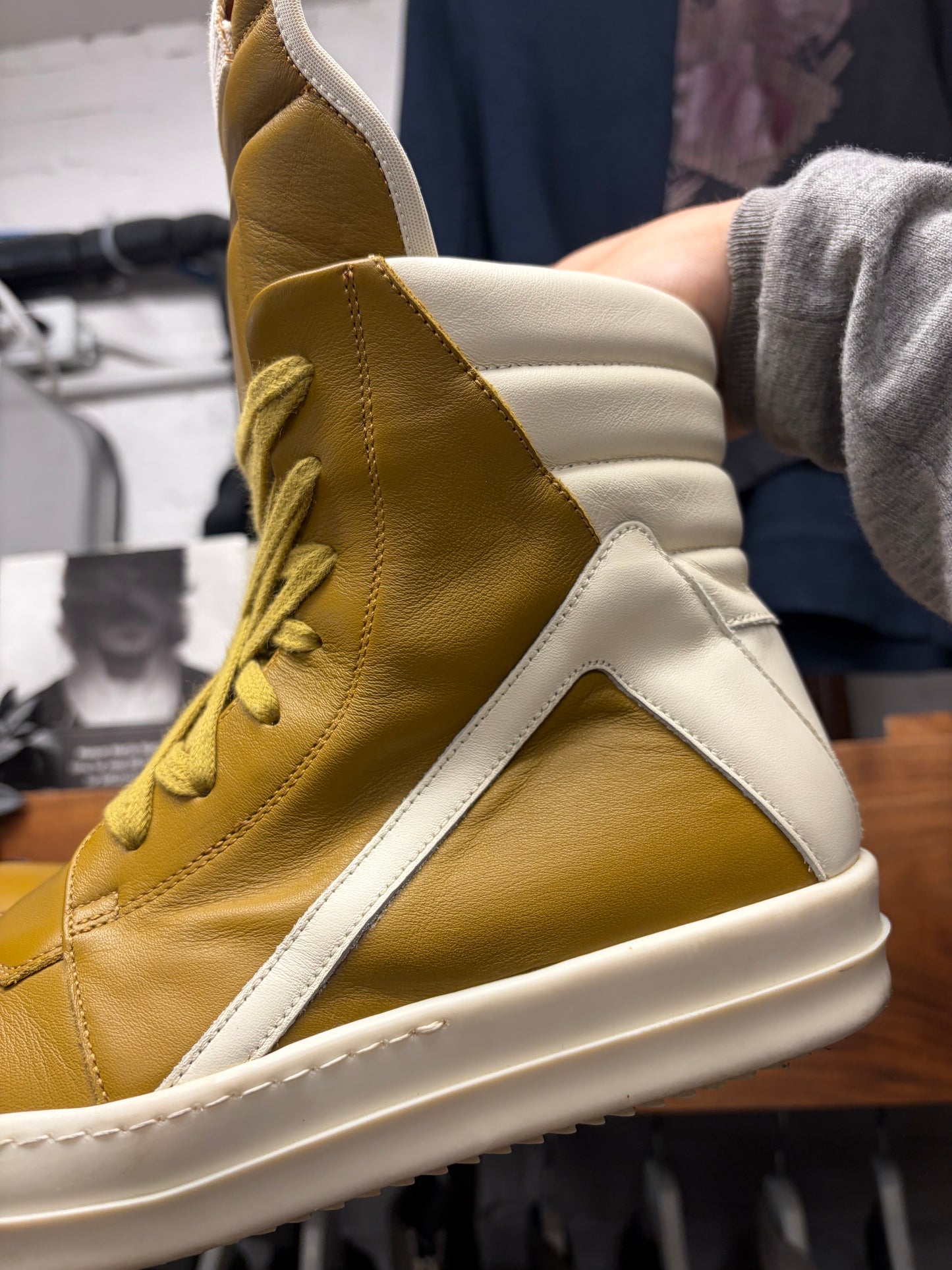Rick Owens ‘Geobasket’ Mustard/Milk Leather High Top Sneakers
