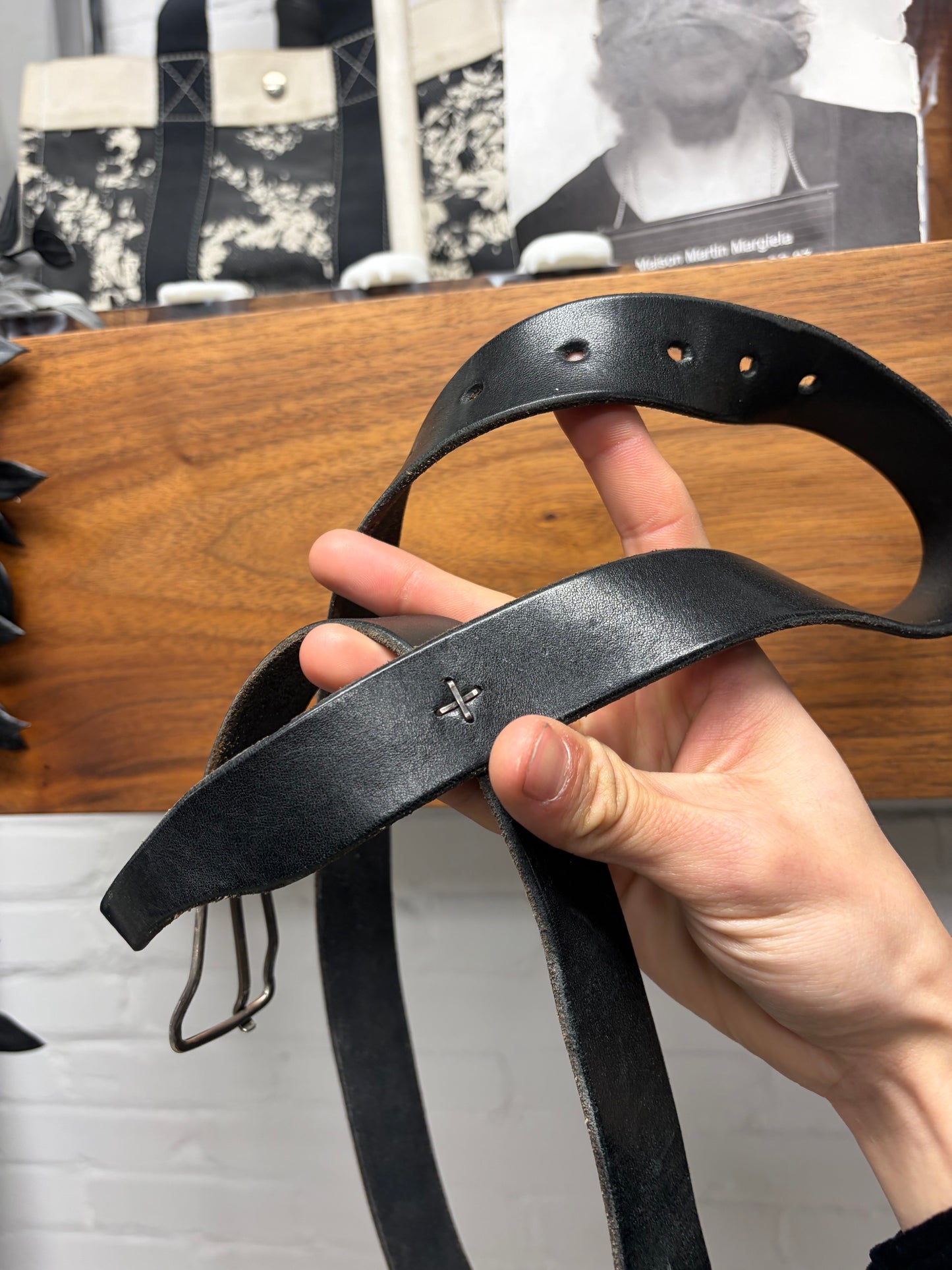 M.A.+ 925 Silver ‘Y-Buckle’ Interrupted Black Horsehide Leather Belt