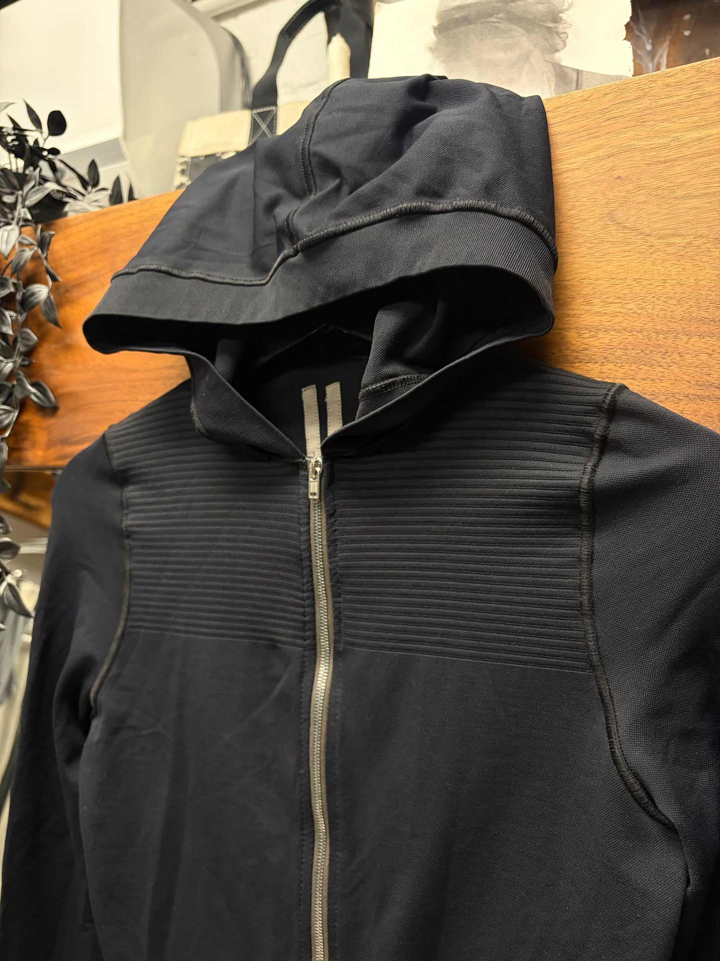 SS2021 Rick Owens ‘Phlegethon’ Ribbed Black Scuba Zip-Up Hoodie